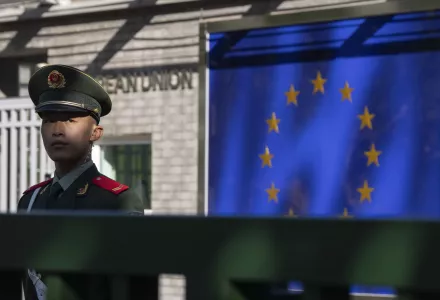 A Chinese paramilitary policeman stands guard at the entrance to the European Union Delegation to China compound in Beijing, China, Saturday, Oct. 14, 2023. (AP Photo/Ng Han Guan)