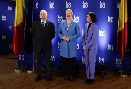European Commissioner for International Partnerships Jutta Urpilainen, center, poses for a photo with European Union foreign policy chief Josep Borrell, left and Belgium's Foreign Minister Hadja Lahbib after arriving for a meeting of EU foreign ministers at the Egmont Palace in Brussels, Saturday, Feb. 3, 2024.