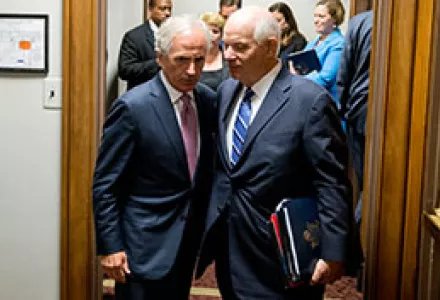 Senators Corker (R-TN) and Cardin (D-MD) discuss the Iran nuclear deal following a hearing of the Senate Foreign Relations Committee