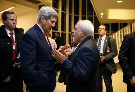 U.S. Secretary of State John Kerry talks with Iranian Foreign Minister Mohammad Javad Zarif, right, in Vienna in 2016.