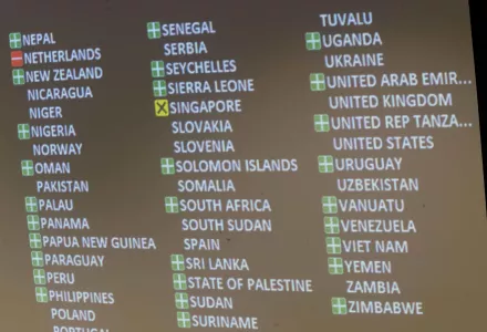 The video board at the UN showing the votes in favor, against and the abstention after a vote to adopt the Treaty on the Prohibition of Nuclear Weapons.