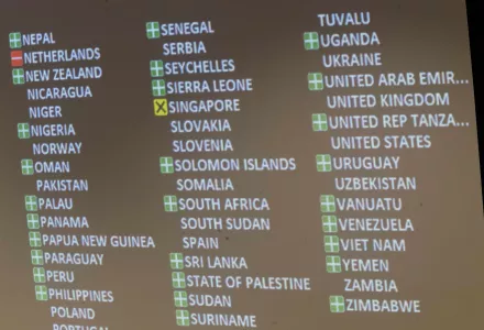 A video board shows the results of the vote on the Prohibition Treaty at the UN on July 7, 2017.