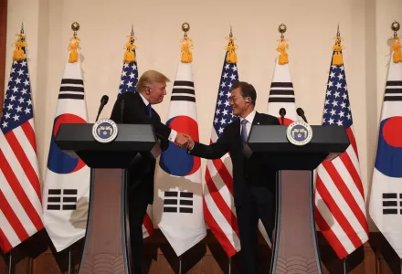 U.S. President Donald Trump and South Korean President Moon Jae-in participate in a joint news conference at the Blue House in Seoul, South Korea. November 7, 2017.
