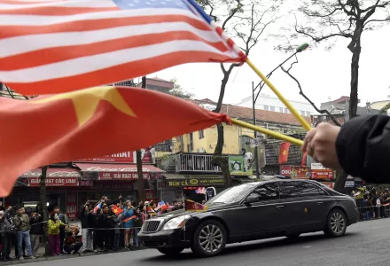 The motorcade transporting North Korean leader Kim Jong Un makes it way down a street in Hanoi, Vietnam, Tuesday, Feb. 26, 2019. Kim is in town for a summit with President Donald Trump.