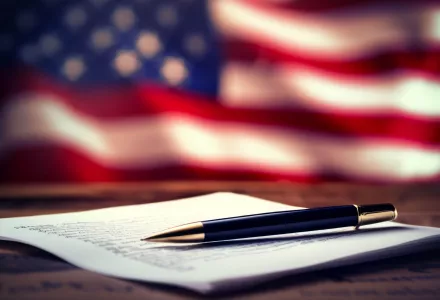 Pen on paper in front of an American flag.