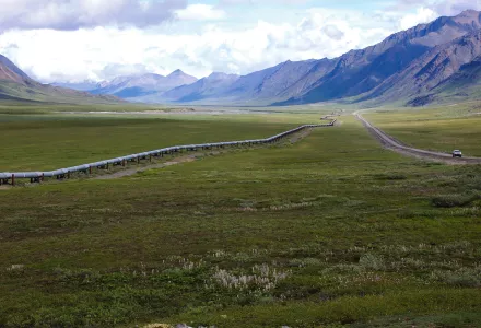 Trans-Alaska Pipeline, northern Brooks Range, Alaska. Rocks in the background produce oil on the North Slope.
