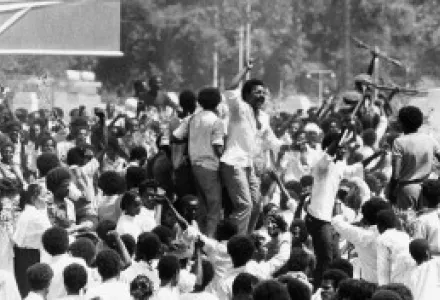 Sudanese demonstrate their joy over the coup that ended the 16-year reign of Gaafar Nimeiri as their country's president, from Saturday, April 6, 1985.