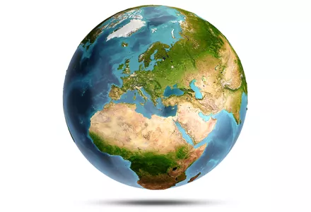 Map of the Earth that shows both Africa and the Arctic