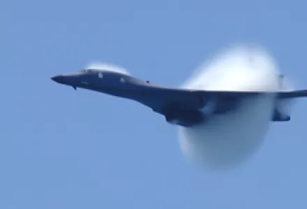 An Air Force B-1B, capable of delivering nuclear weapons, makes a high-speed pass at the Pensacola Beach air show