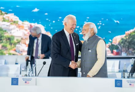 President Joe Biden greets India Prime Minister Narendra Modi at the Global Summit on Supply Chain Resilience Sunday, October 21, 2021, at La Nuvola Convention Center in Rome