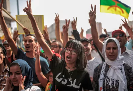 Demonstrators chant slogans during a protest in Casablanca, Morocco, Sunday, Oct. 8, 2017. 