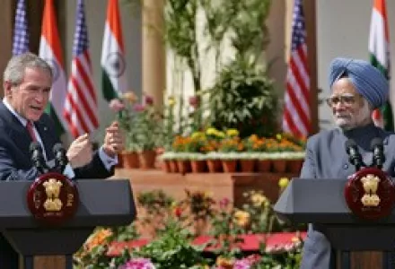 U.S. President George W. Bush, left, and Indian Prime Minister Manmohan Singh address the media after their talks in New Delhi, India, Thursday, March 2, 2006. Bush and Singh announced their countries had reached agreement on a landmark nuclear deal.