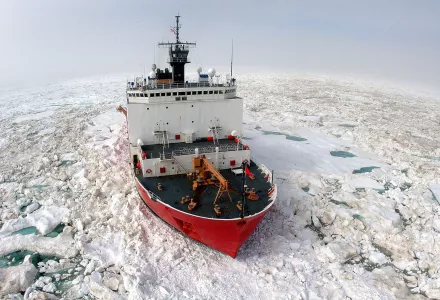 BARROW, Alaska- The U.S. Coast Guard Cutter Healy, a 420 ft. icebreaker homeported in Seattle, Wash., breaks ice in support of scientific research in the Arctic Ocean.