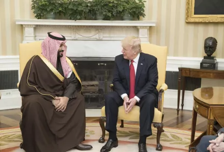 President Donald Trump speaks with Mohammed bin Salman bin Abdulaziz Al Saud, Deputy Crown Prince of Saudi Arabia, during their meeting Tuesday, March 14, 2017, in the Oval Office of the White House in Washington, D.C.