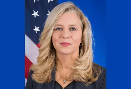 An image of Hon. Ellen McCarthy standing in front of the American flag