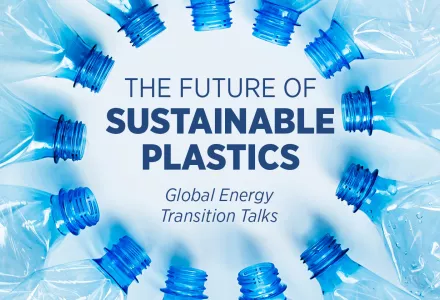 Circle of plastic bottles on a blue background with the text "The Future of Sustainable Plastics"