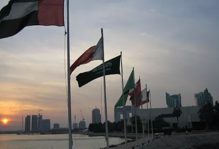 Flags of the GCC States flying in West Bay in Doha, Qatar in 2006.