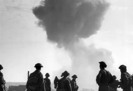 After many days of resistance Lt. Gen. Ferdinand Heim, the garrison commander, surrendered to the Canadians on September 22. Some 9000 prisoners were taken. Canadian soldiers watching the last fortress blow up at Cap d’Alprech in France on Sept. 24, 1944, just before Heim surrendered. (AP Photo)