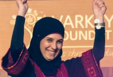 Hanan Al-Hroub at the announcement of her Global Teacher Prize, presented by the Varkey Foundation. March 2016.
