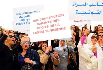 Tunisian women demonstrate for their rights during a protest in Tunis, Wednesday, Nov. 2, 2011.