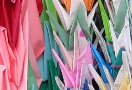 An artistic representation of origami cranes, which are displayed at the Hiroshima Children's Peace Monument.