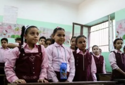 School children attend the first day of classes at the Talaat Harb government primary school, in the popular district of Shubra, Cairo, Egypt.