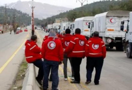 A convoy of vehicles loaded with food and other supplies organized by The International Committee of the Red Cross, working alongside the Syrian Arab Red Crescent and the U.N. makes it's way to the besieged town of Madaya, northwest of Damascus, Syria.