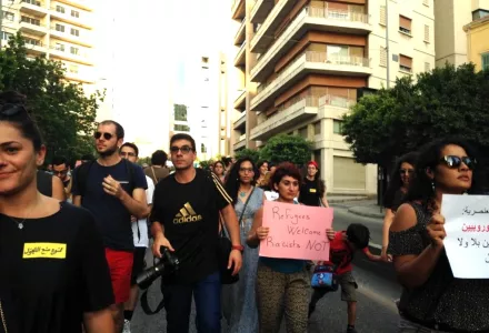 Protesters march against curfews imposed on Syrian refugees in Beirut during July 2016.
