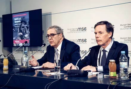Ambassadors Douglas Lute and Nicholas Burns present their "NATO at Seventy" report at the Munich Security Conference. February 2019.