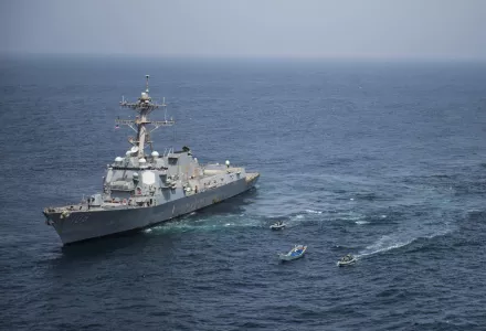 Here the USS Jason Dunham, a guided-missile destroyer, patrols the waters in the Gulf of Aden. 