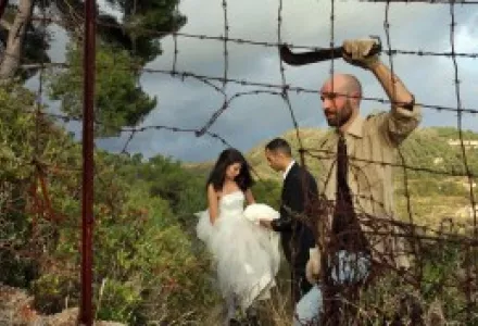 The bride and the groom passing the border between Italy and France.