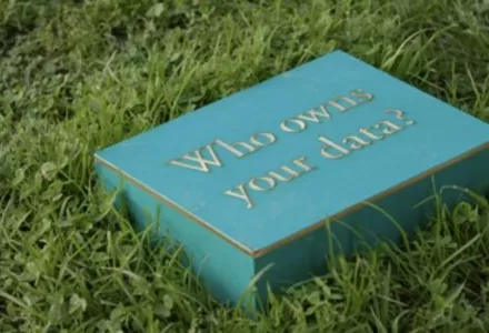 The question “Who owns your data?” posed by a light-box as part of artist Janet Zweig’s “What Do We Have in Common” , a public artwork installed on Boston Common in September, 2021.