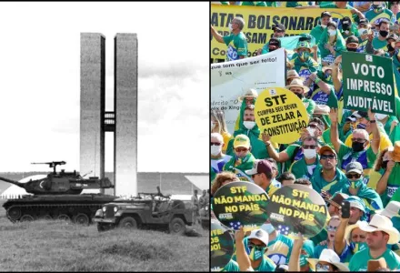 Image of the National Congress of Brazil in 1964 and a Protest in 2022