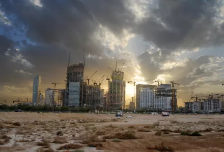 Cranes beside new high rise buildings in the financial district of Riyadh, Saudi Arabia, April 9, 2012
