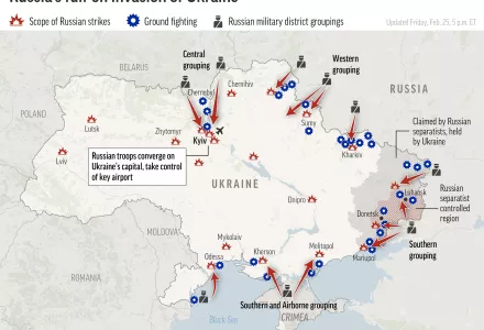 Map of known Russian strikes and ground attacks in Ukraine as of February 25, 5pm Eastern Time.