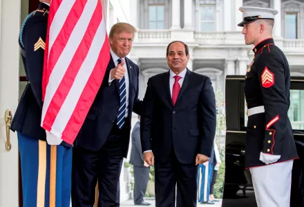 U.S. President Donald Trump gives a thumbs up to members of the media as he greets Egyptian President Abdel Fattah Al-Sisi at the White House in Washington, Monday, April 3, 2017.