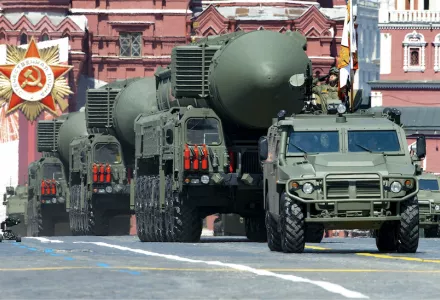 Russian RS-24 Yars ballistic missiles roll in Red Square during the Victory Day military parade marking the 75th anniversary of the Nazi defeat in Moscow, Russia