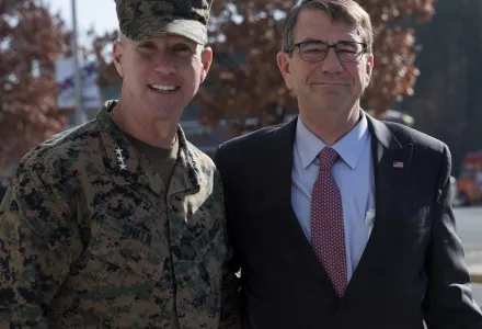  Eric M. Smith greets Former Secretary of Defense, Ash B. Carter (right) for his visit to meet service members and civilians abroad Marine Corps Base Quantico, Va., Nov. 14, 2019. 