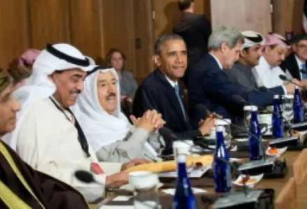 President Barack Obama sits with Kuwaiti Emir Sheikh Sabah Al-Ahmad Al-Sabah, Secretary of State John Kerry, center right, and Gulf Cooperation Council leaders and delegations at Camp David, Md., Thursday, May 14, 2015.