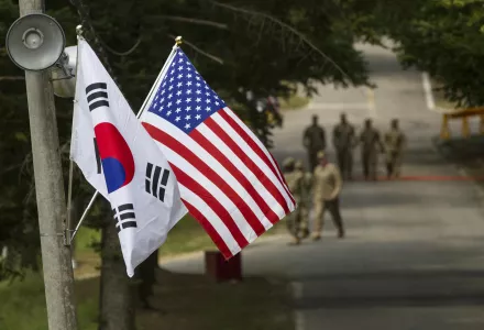 The South Korean and American flags fly next to each other at Yongin, South Korea, Aug. 23, 2016.