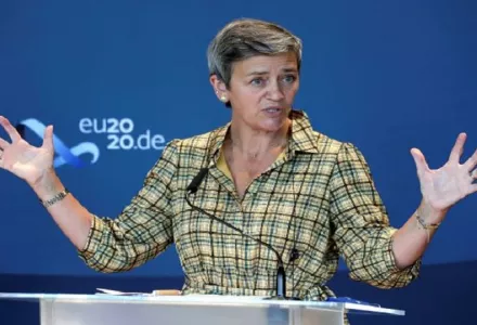 The Executive Vice-President of the European Commission, Margrethe Vestager, addresses the media prior to the "European Competition Day" at the German Economy Ministry in Berlin, Germany, on Sept. 7, 2020. 