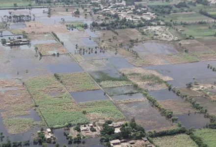 Aerial view of flooding, Pakistan, September 15, 2010. The flooding led to a conflict de-escalation between the Pakistani government and Tehrik-i-Taliban Pakistan.