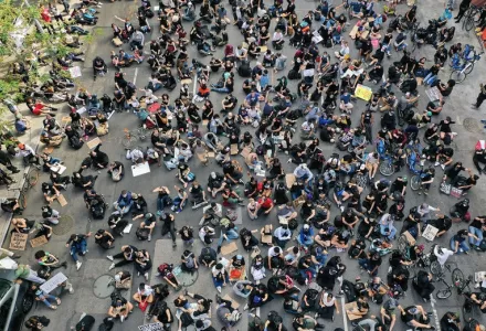 A drone photo shows people gathered to protest over the death of George Floyd on June 2 in New York City. 