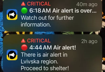 A phone screenshot with notifications from a Ukrainian air raid app.