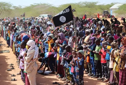 Al-Shabab communal prayers and public celebrations marking the Eid al-Adha holiday in the Islamic lunar year of 1438 in the Galguduud region of central Somalia in June 2017.