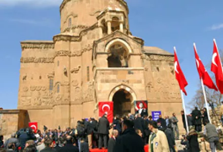 Ceremony marking the restoration of Akhtamar church, a remnant of Armenian culture, as a museum in Lake Van in eastern Turkey, Mar. 29, 2007. The Turkish government has refused to allow worship there or the replacement of the cross on the church dome.