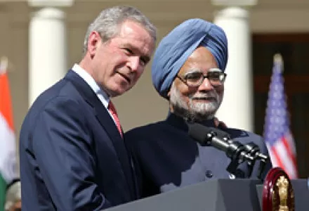 U.S. President George W. Bush, left, and Indian Prime Minister Manmohan Singh after a press conference in New Delhi, India, Mar. 2, 2006. Bush and Singh announced their countries had reached a landmark nuclear deal.