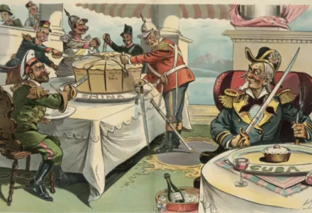 "No chance to criticize." Uncle Sam sits at a table on which is a small cake on a platter labeled "Cuba," with a decanter labeled "Philippine Islands" on the table and a bottle labeled "Porto Rico" in an ice bucket. On the left, John Bull (Britain) and other colonial powers hold swords slicing a large cake on a platter labeled "China." John Bull (to the Powers): "What are you mad about? We can't grudge him a light lunch while we are feasting!"