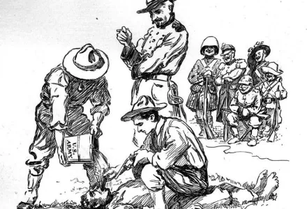 Cartoon depicting the application of the "water cure" by United States Army soldiers on a Filipino. In the background soldiers representing various European nations look on smiling. The Europeans say, "Those pious Yankees can't throw stones at us any more", meaning that the USA no longer has the moral standing to criticize European colonial practices. Cover of Life magazine, Vol. 39, #1021 first published on May 22, 1902