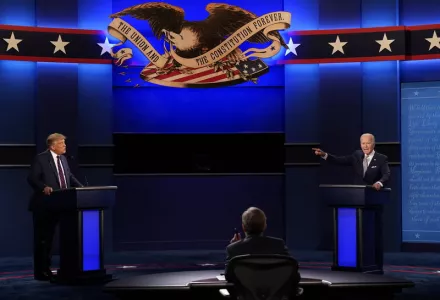 President Donald Trump and former Vice-President Joe Biden on stage at the first presidential debate on September 29, 2020.